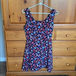 Floral midi red white blue and black dress